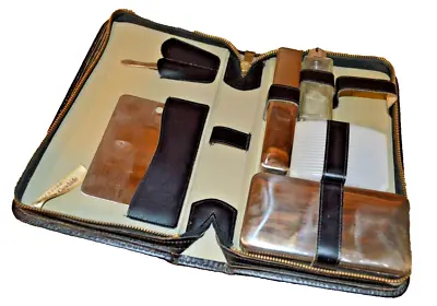 Mens Vanity Travel Grooming Set Kit Cowhide Tan Leather Case Vintage USA Germany • $22