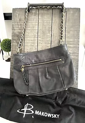 B. MAKOWSKY Black Soft Leather Chain Weave Handle Shoulder Bag • $42