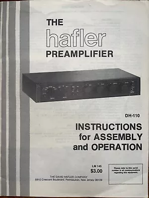 Hafler DH-110 Owners Service Assembly Manual Preamplifier Original • $39.99