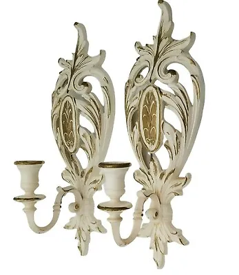 VTG SYROCO INC 1975 Wall Hanging Candle Holder White & Gold Set Of 2 Shabby Chic • £28.68