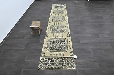 Vintage Turkish Runner Rug 2x11ft Wool Anatolian Handmade Hallway Oushak BEIGE • $180