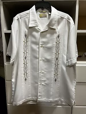 Cubavera Mens White Embroidered Camp Collar Guayabera Shirt Classic Fit Large  • $12