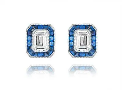 Platinum Sterling Silver Blue & White Sapphire Baguette Halo Stud Earrings Gift • $68