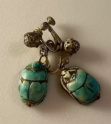 Vintage Miriam Haskell Scarab Egyptian Beetle Earrings Clip On Good Luck • £40.18