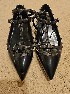 Valentino GARAVANI Rockstud Noir T-Strap Caged Ballerina Flats EU 40/US 10-$995 • $349