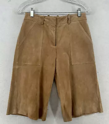 THEORY Shorts Womens Size 2 Culotte Suede Leather Wide Leg Utility Tan Brown • $32.50