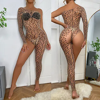 US Womens Leopard Print Unitard Sexy Jumpsuit Sheer Mesh Bodysuit See-Through • $6.50