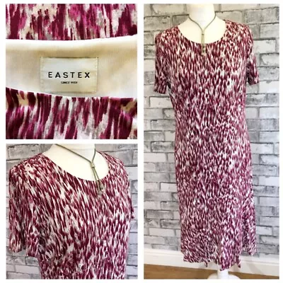 Eastex Dress Size 12 14 Stretchy Jersey MIDI Burgundy Abstract Casual Holiday • £10.95