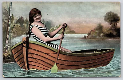 Vintage Striped Bathing Suit Postcard C1910 Girl In A Row Boat • $6.99