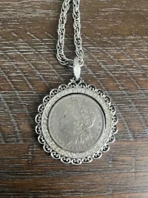 1897 Morgan Dollar In Silver Bezel With White Stones And 24  Chain • $74.95