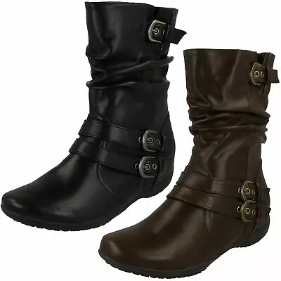 Ladies Down To Earth Casual Flat Zip Calf Boots F4R389 • £15