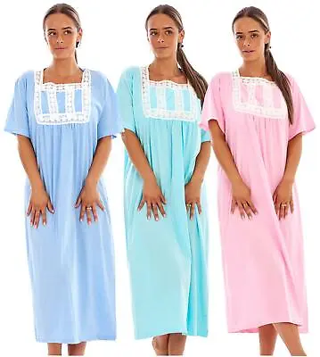 Plain Cotton Long Nightdress Short Sleeve Lace Nightgowns Soft Sleepwear • £10.95