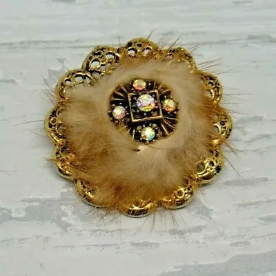 Vintage Brooch Gold Tone Mink & Aurora Borealis Diamante 4cm X 4cm  • £9.99