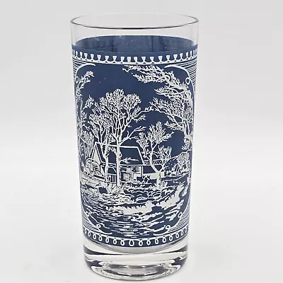 (1) Currier & Ives Vintage Royal Blue Tumblers Frosted 12oz Old Grist Mill Glass • $14.95