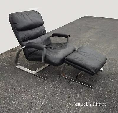 Vintage Milo Baughman Cantilever Black Chrome Lounge Chair And Ottoman Asis • $1250