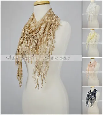 Triangle Lace Scarf Melon Seed Fringe Tassel Floral Leaf Sheer Embroidery • $9.95