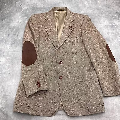Unbranded Blazer Men 36 Brown Beige Wool Tweed Classic Suede Patches Jacket VTG • $55.97