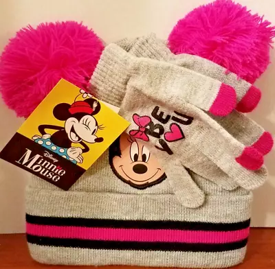 Disney MINNIE MOUSE Gray & Pink Hat Beanie AND Glove SET Bright Pink Ears NWT • $6