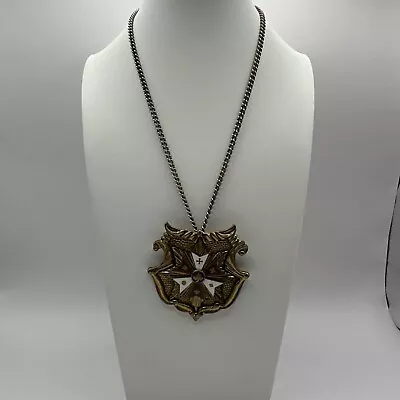 Older Vintage Heraldic Maltese Cross Shield Red Enamel Gold Tone 18” Necklace • $15.59