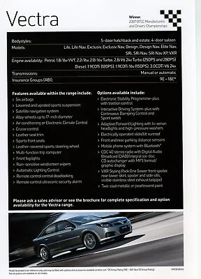 Vauxhall Vectra C Showroom Specification Sheet 2009 Inc SRi Elite VXR • $4.42