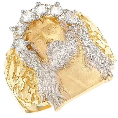 10k Or 14k Two Tone Gold White CZ Jesus Religious Mens Ring • $384.99