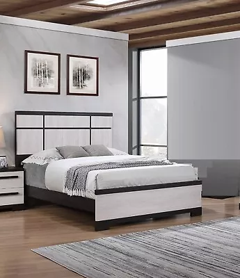 Black And White Rustic Wooden Panel King Size Bed 1pc Bedroom Furniture • $775