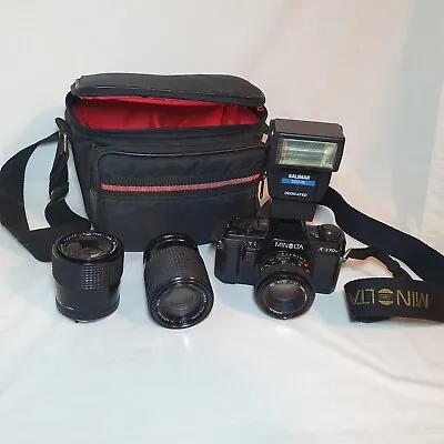 ⭐ Minolta X-370 35mm SLR Film Camera W/ 3 Lenses Case Strap & Flash UNTESTED • $98