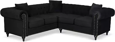 Chesterfield Corner Sofa - Black Velvet. Four Seater L Shaped Sofa With Soft Pl • £1029.32