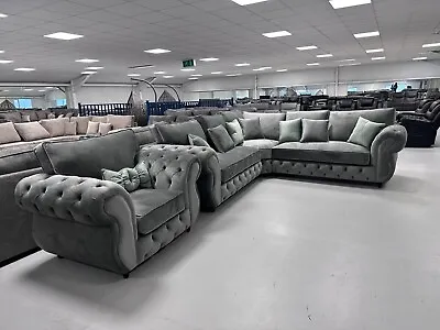 2c2 | Royale Rio Chesterfield Full Back Corner Sofa + Armchair | Grey Plush  • £1749.99