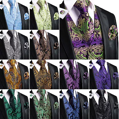 Mens Paisley Silk Waistcoat Gold Floral Vintage Jacquard Pocket Vest Suit Tie • £15.99