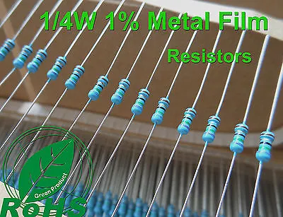 500 Pcs 1K ~ 1000K Ω Ohm Metal Film Resistors 1/4W 0.25W 1% Tolerance Rohs • £11.35