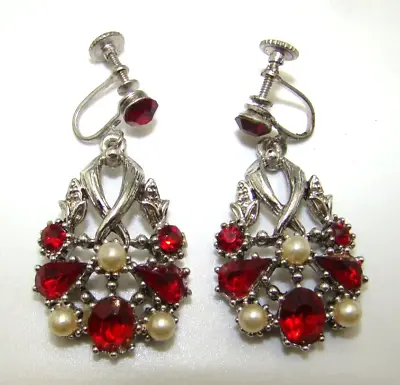 Vintage Star Brand Red Rhinestone & Faux Pearl Earrings • $5