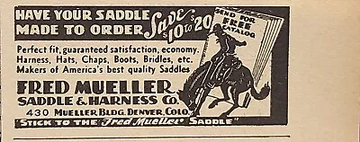 Fred Mueller Saddle & Harness Denver CO Custom Made Vintage Print Ad 1940 • $6.77