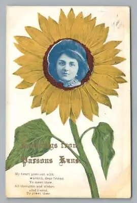 Greetings From PARSONS KANSAS Antique Sunflower Face Girl Postcard Labette 1910 • $12.99