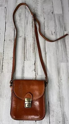 Vera Pelle Made In Italy Brown Leather Crossbody Purse W Antique Fastner Latch • $38.88