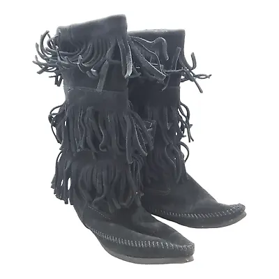 Minnetonka Black 3 Layer Tall Boots Sz 11 Suede Fringe Moccasin 1639 Calf Womens • $39.94