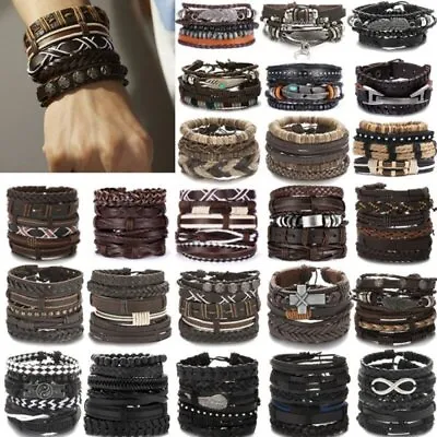 6pcs Fashion Mens Punk Leather Wrap Braided Wristband Cuff Punk Bracelet Gift • £4.45