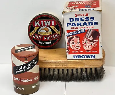 Vintage Lot 4 SHOE SHINE Supplies Kit USMC Brush Johnsons Tin Shinola Box Kiwi • $19.95