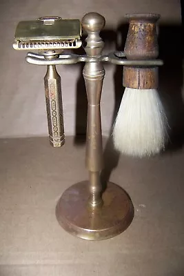 Vintage 3 Piece Brass Shaving Set - Brass Stand - Brush & Gem Razor • $22