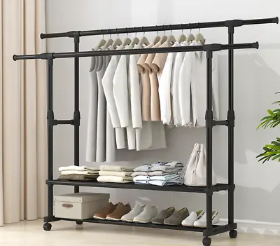 Clothing Garment Rack Rolling Clothes Organizer Double Rails Hanging W/Wheels US • $35.80