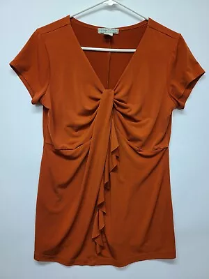 Vintage Susie Women Blouse Size L Brown Ruffle Short Sleeve Stretchy V-Neck 6W • $9.95