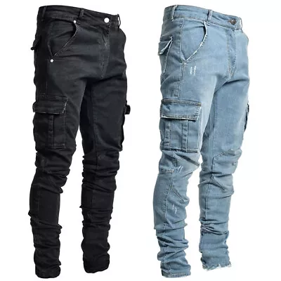 Men Skinny Jeans Stretch Slim Fit Pants Bike Jeans Cargo Pants Pockets Ripped • $18.99