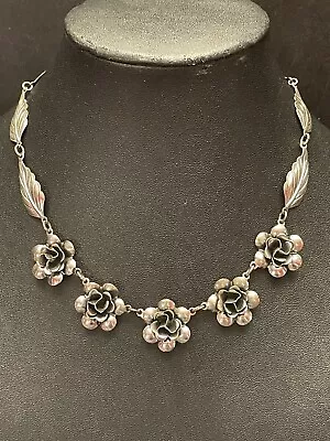 VTG Danecraft Art Nouveau 1930s/40s Sterling Silver Necklace Floral Leaf Choker • $79.95