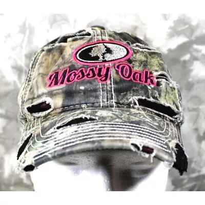 Mossy Oak Womens Embroidered Pink Camo Distressed Adjustable Strap Back Hat Ball • $5.30