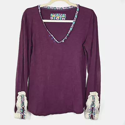 Little Yellow Button Anthropologie Purple LS Crochet Lace Sleeve Top L Boho • $24.99