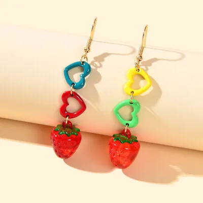 Colourful Heart Strawberry Earrings Long Dangle Drop Fruit Jewellery Funky Gift • $1.99