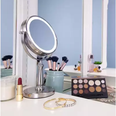 Cordless Round LED Lighted Dual Sided Vanity Makeup Mirror In Satin Nickel • $69.99