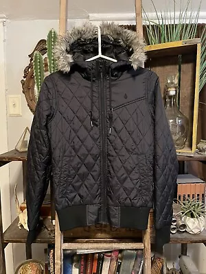 Volcom Puff In Puff Black Diamond Quilted Removable Fur Trim Hood Puffer Coat Sm • $35
