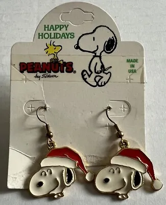 VTG Peanuts Snoopy Santa Hat Pierced Dangle Earrings USA Holidays Enamel Signed • $14