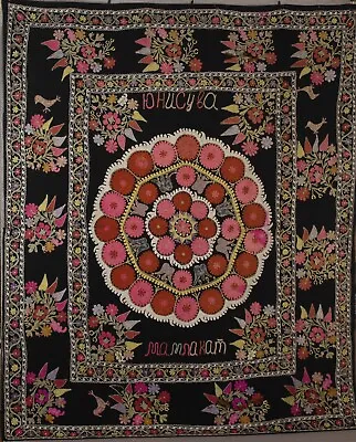 Vintage Black Suzani FabricUzbek Tapestry Wall Hangingembroidered Bedspread • $159.99